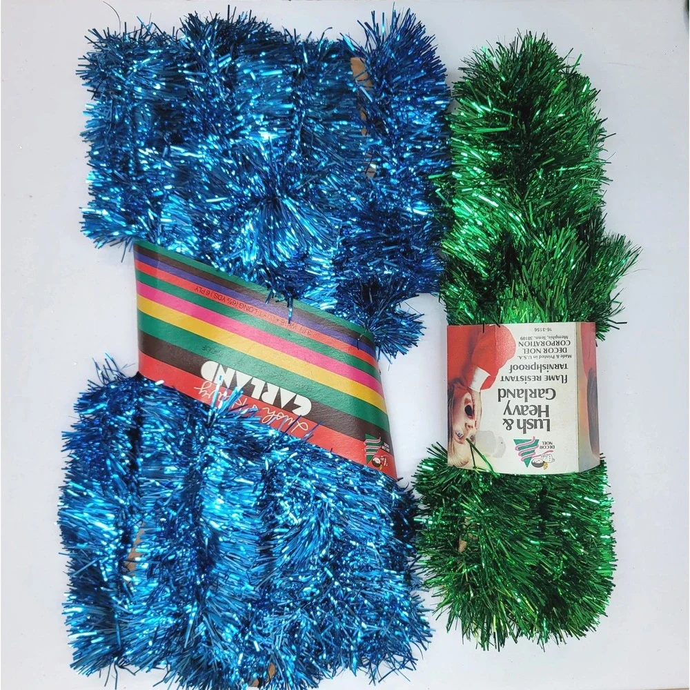 Vintage Decor Noel Tinsel Garland Blue & Green  Metallic Christmas 15/20ft 6-Ply
